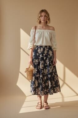 Sarah Arizona Petite Floral Tiered Ruffle Skirt Black beige Goth Boho Grunge L